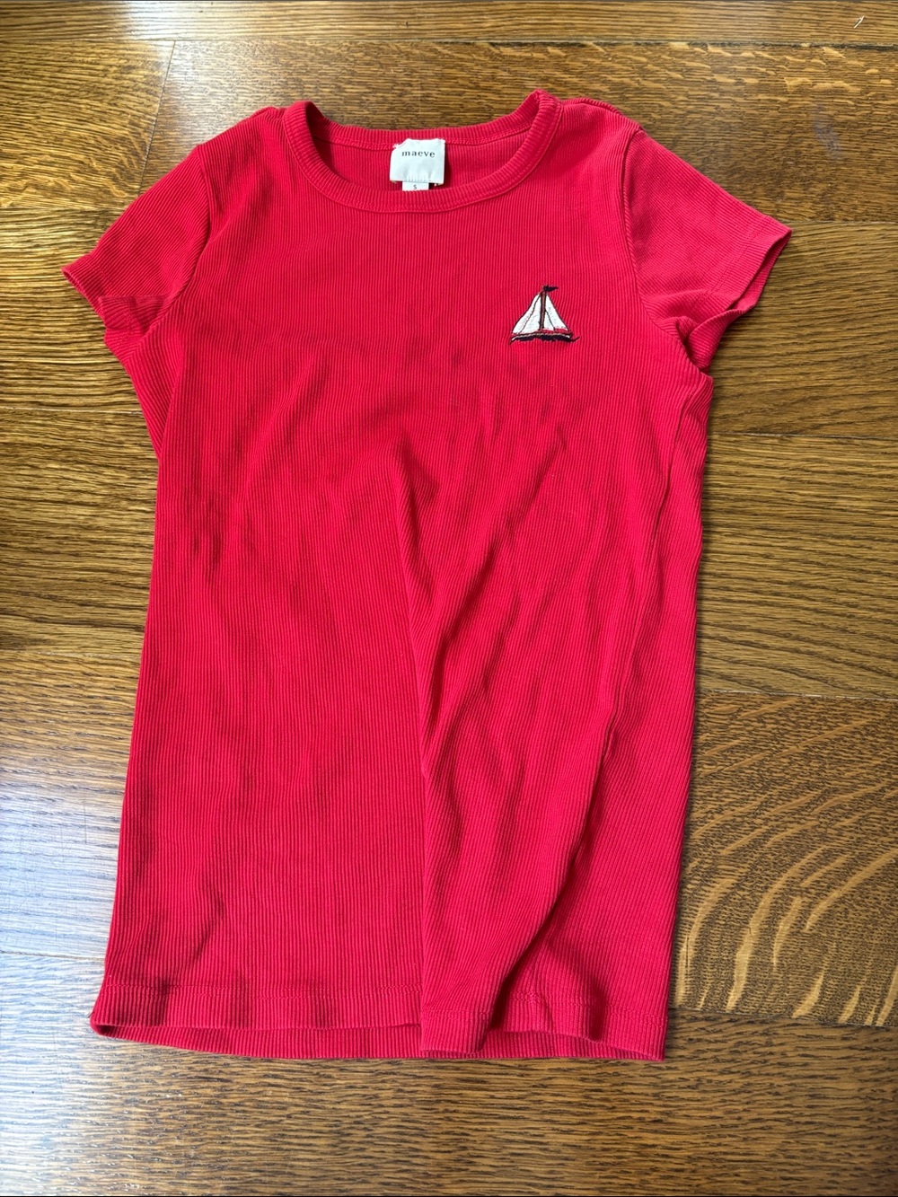 Anthropologie Maeve Bright Red Ribbed Short Sleeve Tee with Sailboat Patch